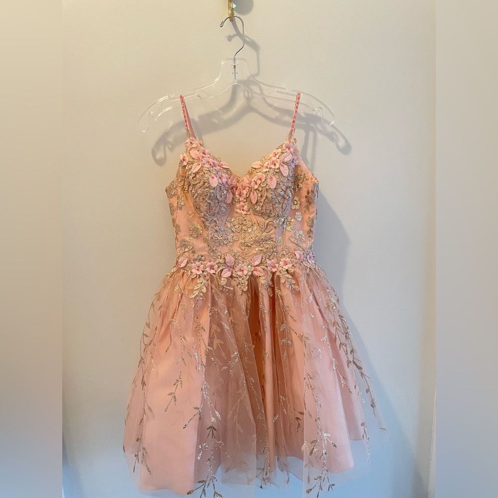 Anjeeli Embroidered Babydoll Short Glitter Dress in rose gold size XS